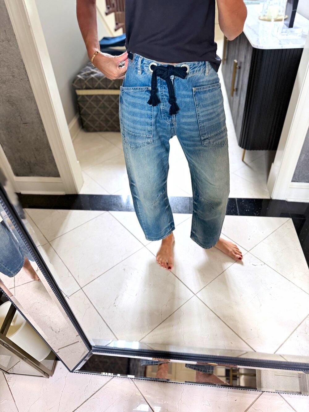 Free People We the Free Light Wash Blue Denim Jeans Drawstring Boyfriend Barrel